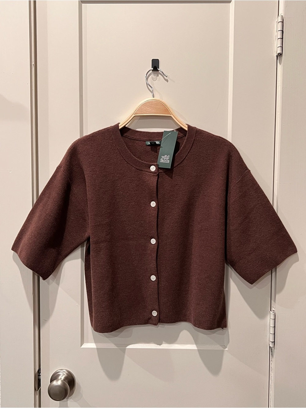 wild fable Short-Sleeve Crewneck Cardigan in Dark Brown